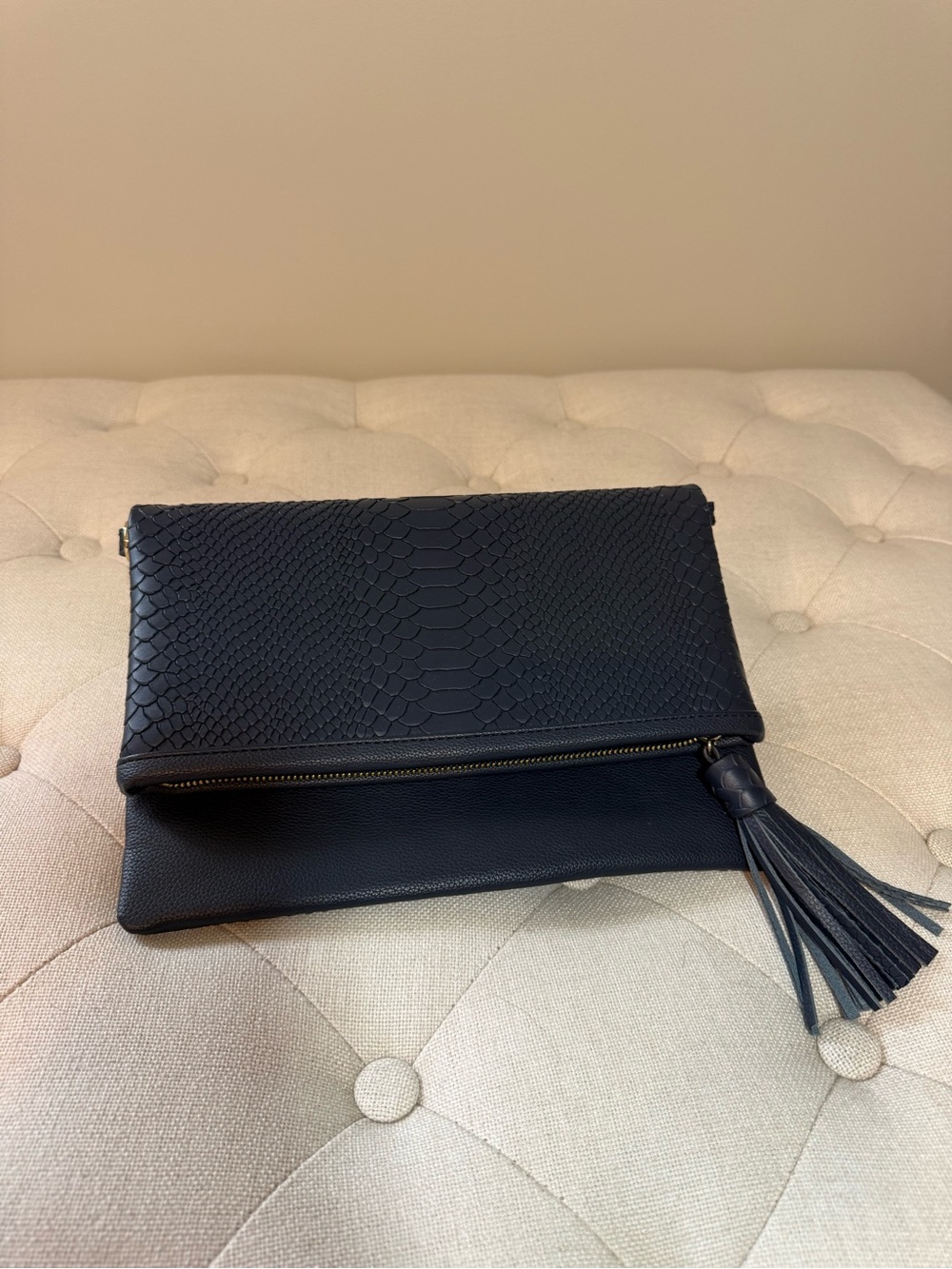 GiGi New York Navy Blue Stella Fold-Over Tassel Clutch